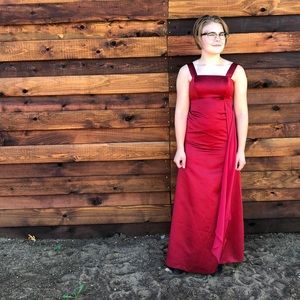 Red satin formal with sash detail